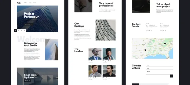 The Arch Studio site, with its featured building beside the practice's leaders and its contact page