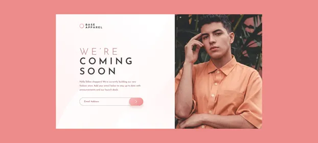 The Base Apparel coming-soon page, beside its model photograph
