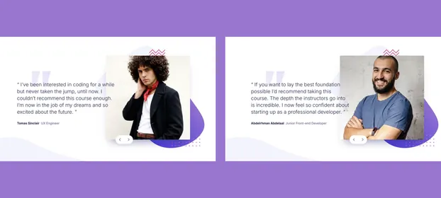The Coding Bootcamp Testimonials page, with one graduate's slide beside the next