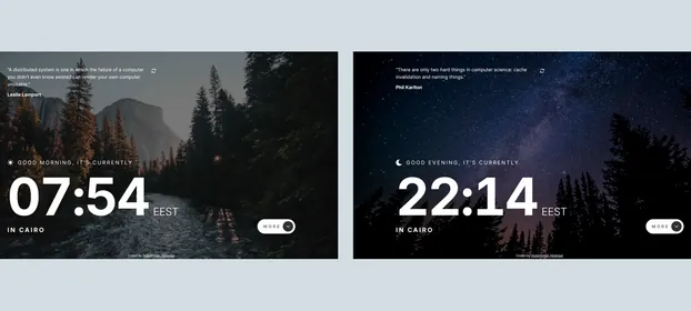 The clock. app in daylight, beside the same page after dark