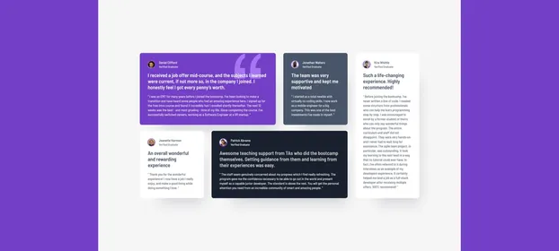 The Cohort section, with its five graduate testimonials in one screen