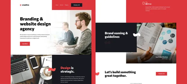 The creative home page, from its hero down to the project carousel
