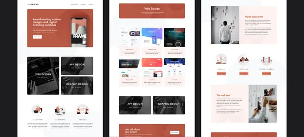 The Designo site, with its home page beside a service catalogue and the company page