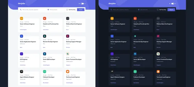 The devjobs board in its light theme beside the same board in its dark one