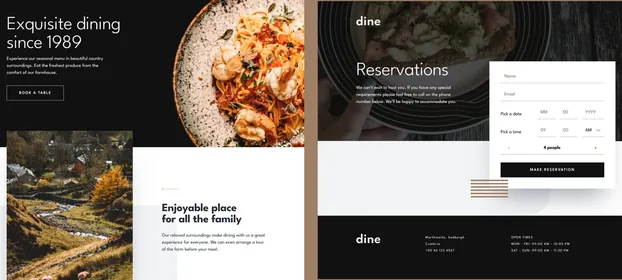 The Dine site, with its home page beside the reservation form on its booking page