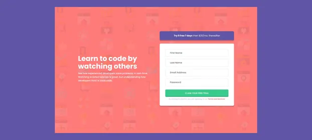 The Learn to Code sign-up page, with its four-field trial form