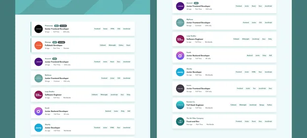 The Job Listings board, with its filter bar narrowing ten developer roles
