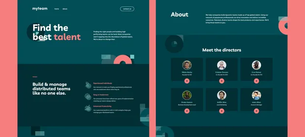 The myteam site, with its home page beside the directors on its About page