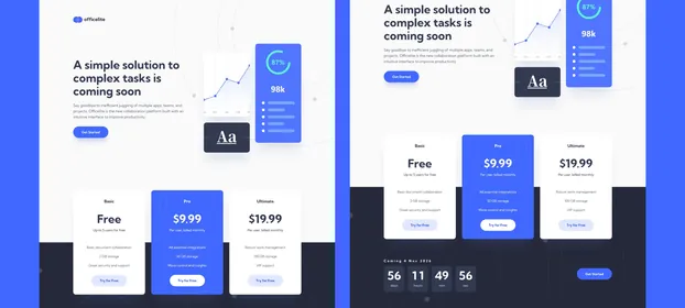 The officelite launch page, with its three pricing tiers above the countdown to release