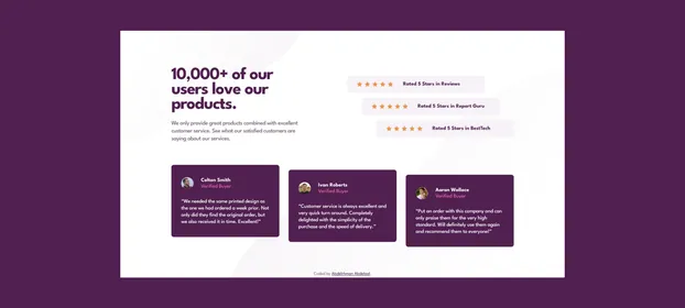 The Ovation section, with its three rating badges beside three customer testimonials