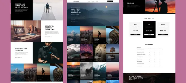 The Photosnap site, with its home page beside the story archive and the pricing plans