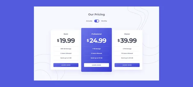 Our Pricing, with its three plan cards and billing toggle