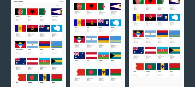 The Where in the world? country browser, listing flags and facts in a card grid