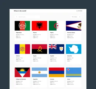 The Where in the world? country browser, listing flags and facts in a card grid