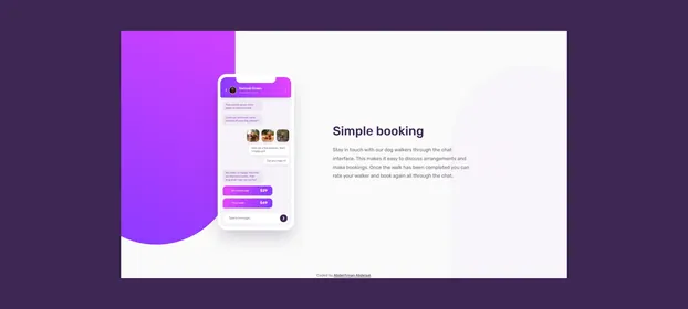 The Simple booking page, with its dog-walking chat open on a phone